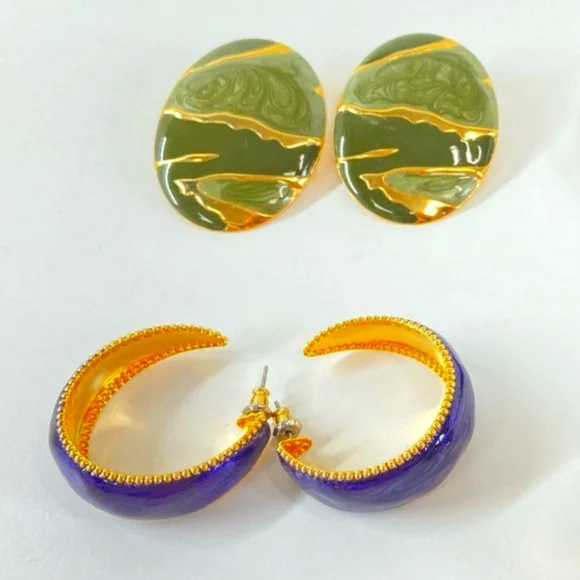 Elegant Gold / Green and Purple Enamel Earrings Bundle - Picture 1 of 1